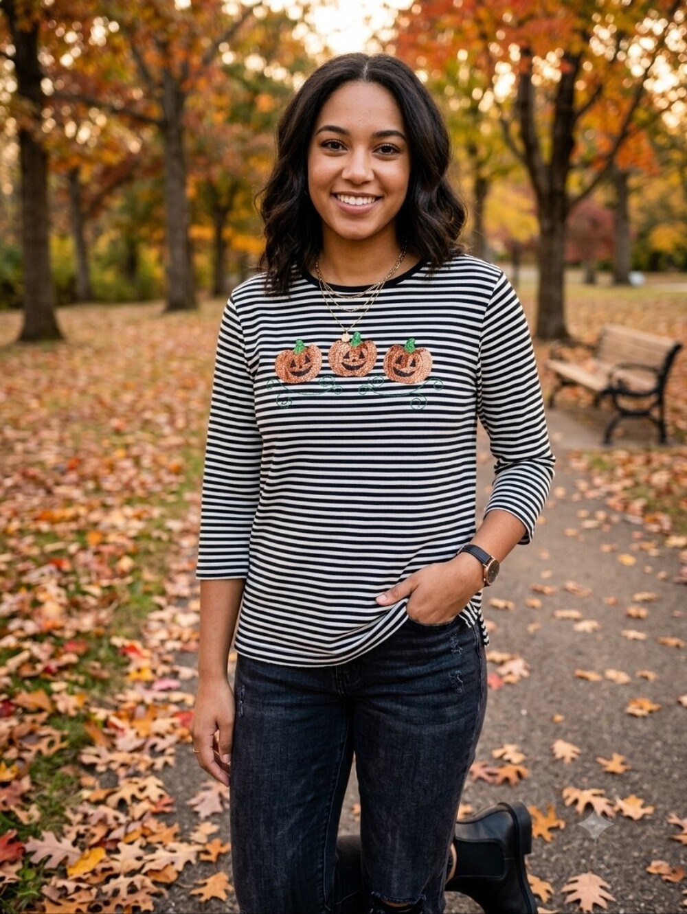 Coral Bay Black & White Striped Long-Sleeve Top with Sequin Pumpkins